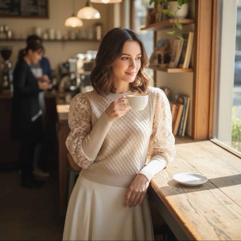 Elegant Cream Sweater with Lace Sleeves